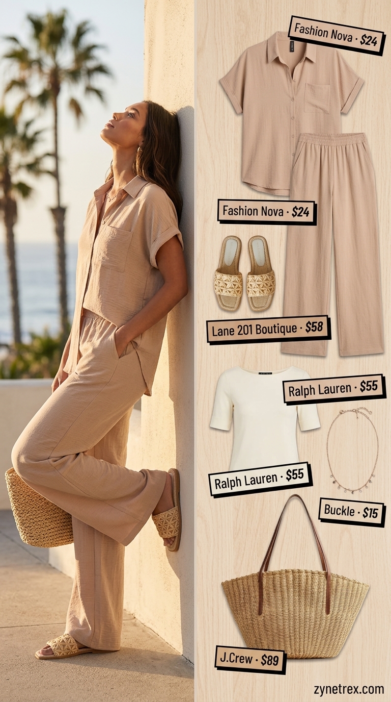 Elegant Modest Summer Outfits 2026: Coastal Trousers Elegant modest summer outfits for women 2026: Sky blue linen trousers, cream knit top, and straw tote for coastal serenity.