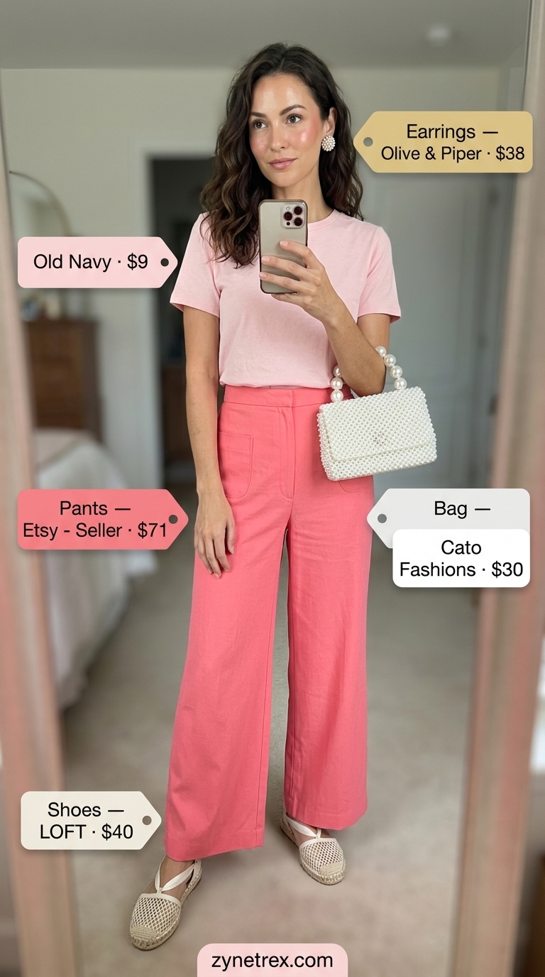 Elegant Modest Summer Outfits 2026: Festival Pants Elegant modest summer outfits for women 2026: Coral palazzo pants, white camisole, and pearl bag for a vibrant festival look.