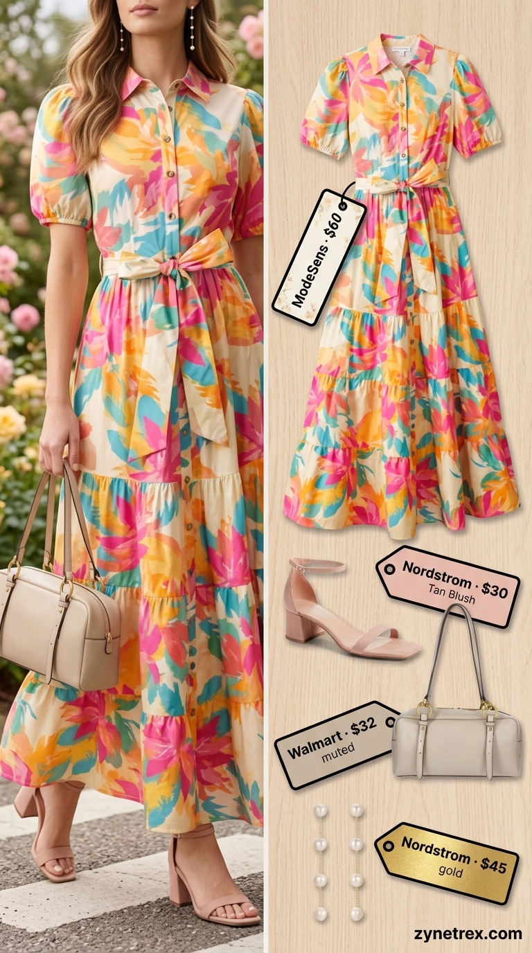 Elegant Modest Summer Outfits 2026: Garden Party Dress Elegant modest summer outfits for women 2026: Floral maxi shirt dress, nude block heels, and gold jewelry for a garden party.
