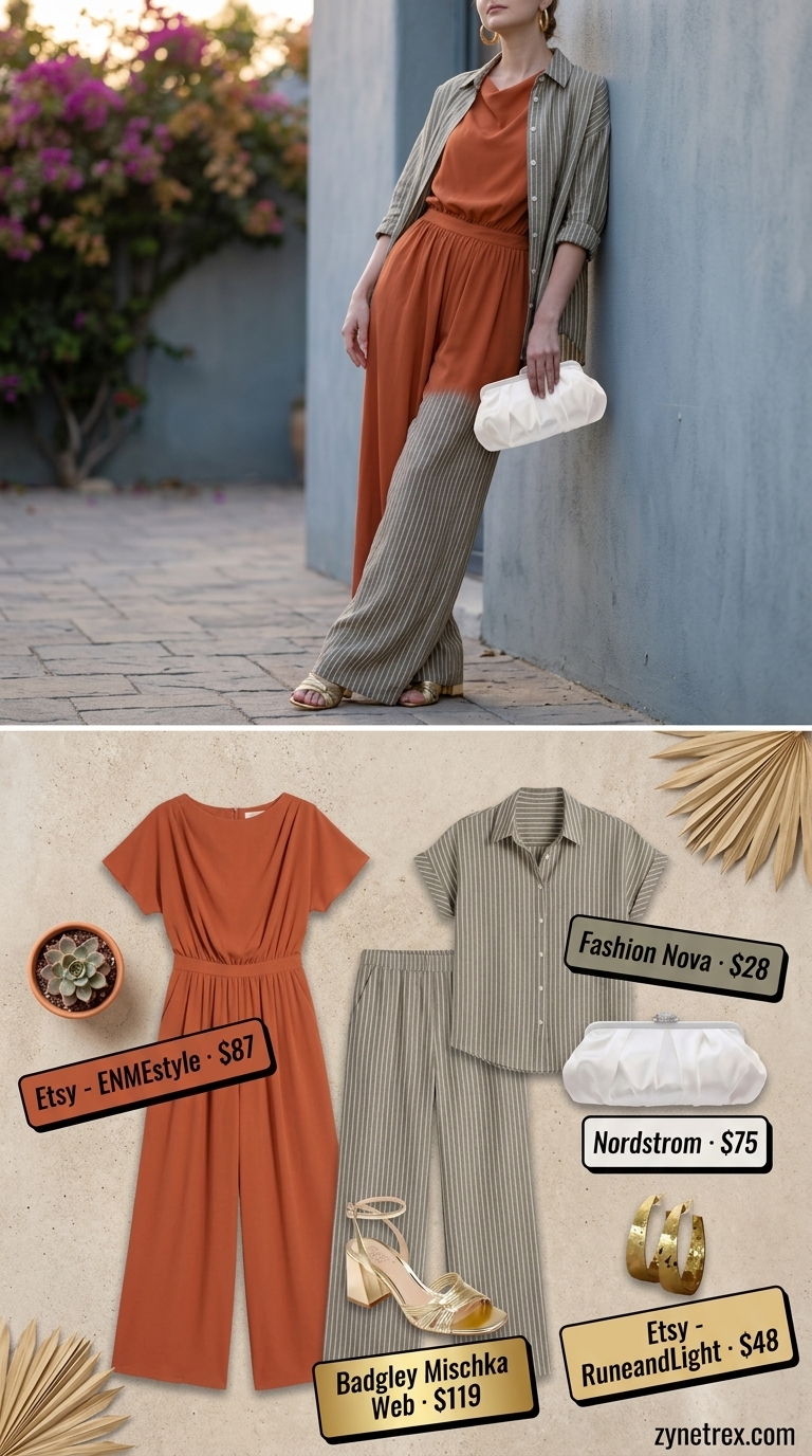 Elegant modest summer outfits for women 2026: Terracotta wide-leg jumpsuit, gold jewelry, and block heels for a sunset soiree.
