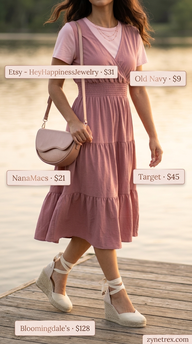 Elegant Modest Summer Outfits 2026: Lakeside Dinner Dress Elegant modest summer outfits for women 2026: Dusty rose wrap dress, metallic bag, and espadrilles for a romantic lakeside dinner.