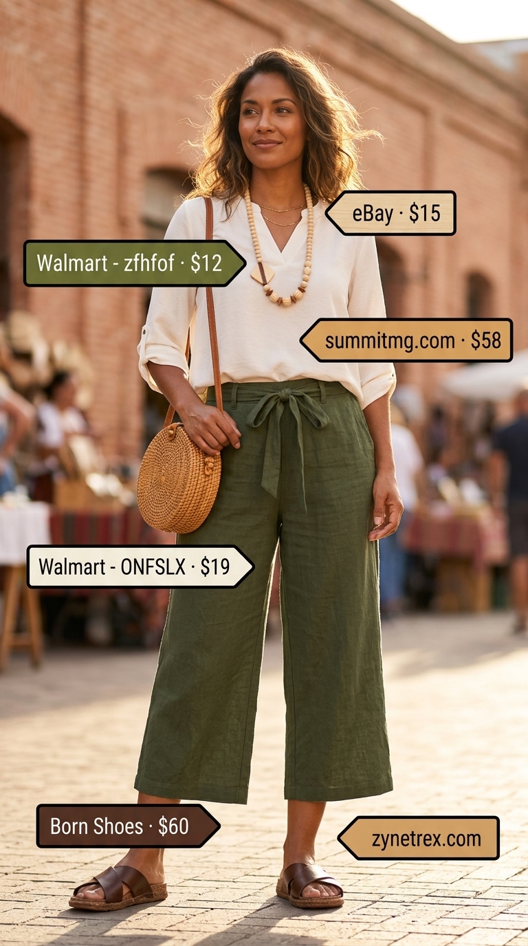 Elegant Modest Summer Outfits 2026: Market Culottes Elegant modest summer outfits for women 2026: Olive culottes, ivory tunic, and straw bag for an artisanal market.