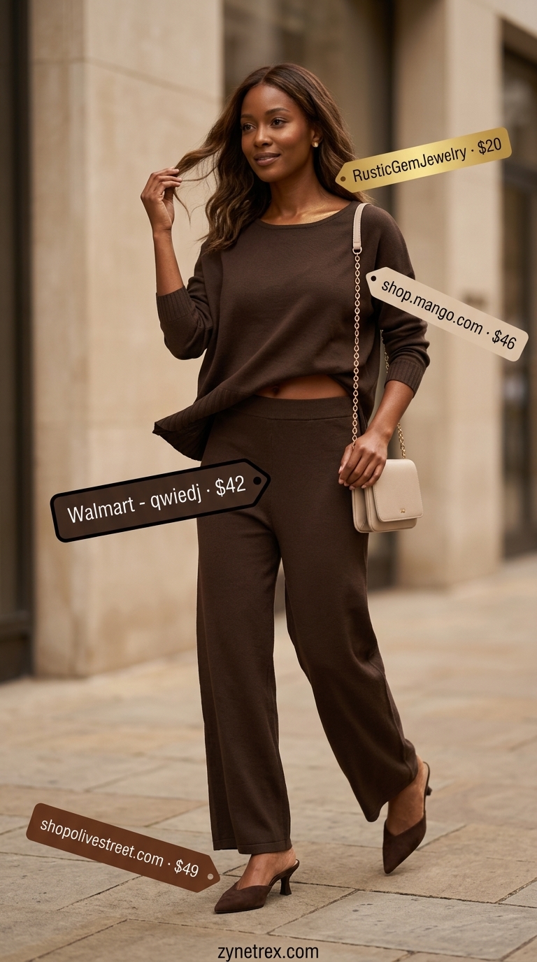 Elegant Modest Summer Outfits 2026: Modern Matching Set Elegant modest summer outfits for women 2026: Caramel matching set, pointed flats, and structured bag for a modern look.