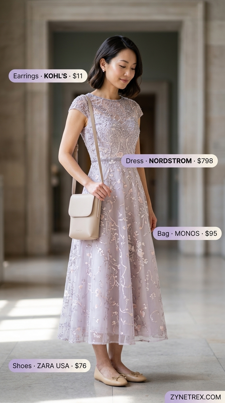 Elegant Modest Summer Outfits 2026: Museum Dress Elegant modest summer outfits for women 2026: Pale lavender midi dress, nude ballet flats, and pearl accents for a museum visit.