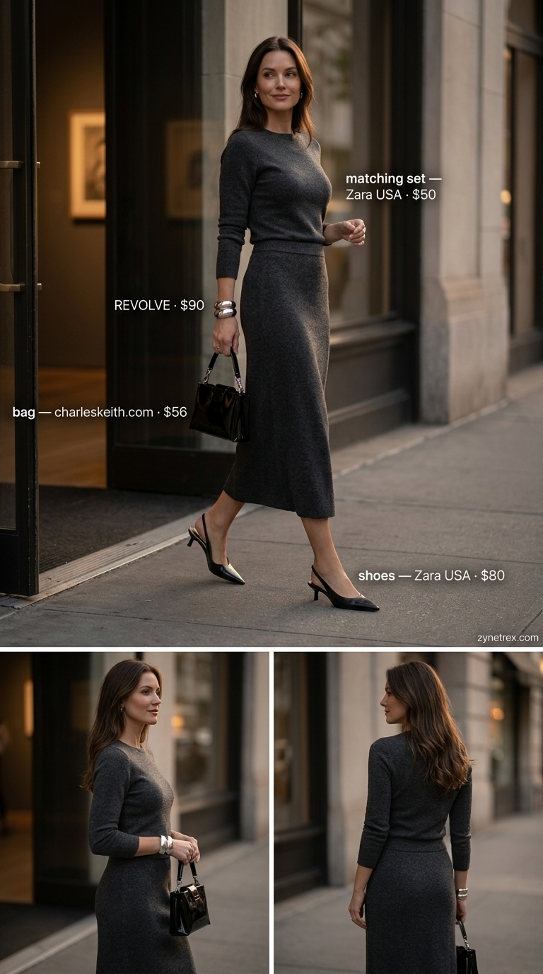 Elegant Modest Summer Outfits 2026: Art Gallery Chic Elegant modest summer outfits for women 2026: Charcoal grey knit midi skirt set for art gallery opening.