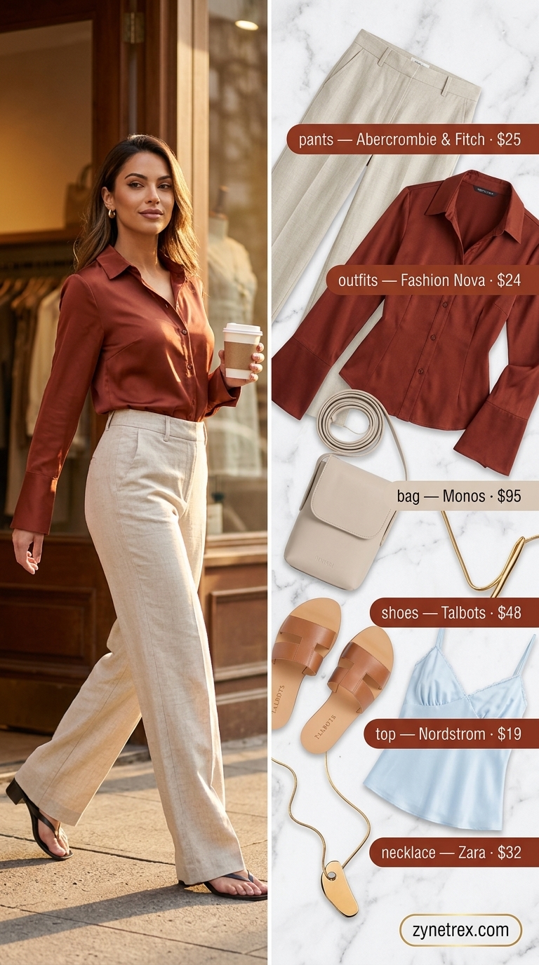 Elegant Modest Summer Outfits 2026: Coastal Serenity Brunch Elegant modest summer outfits for women 2026: Cream linen pants, blue camisole for coastal brunch.