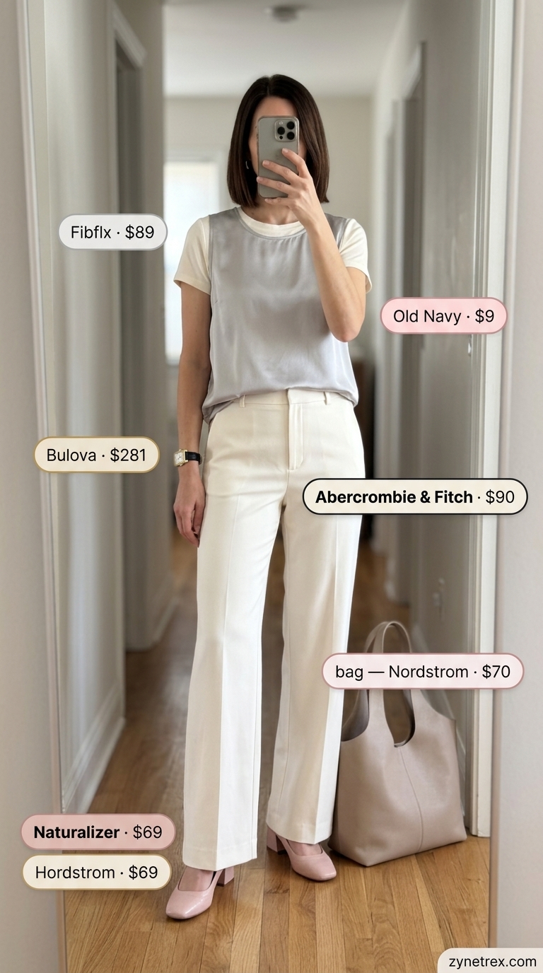 Elegant Modest Summer Outfits 2026: Work Chic Elegant modest summer outfits for women 2026: Cream trousers, blush heels, grey silk blouse for work.