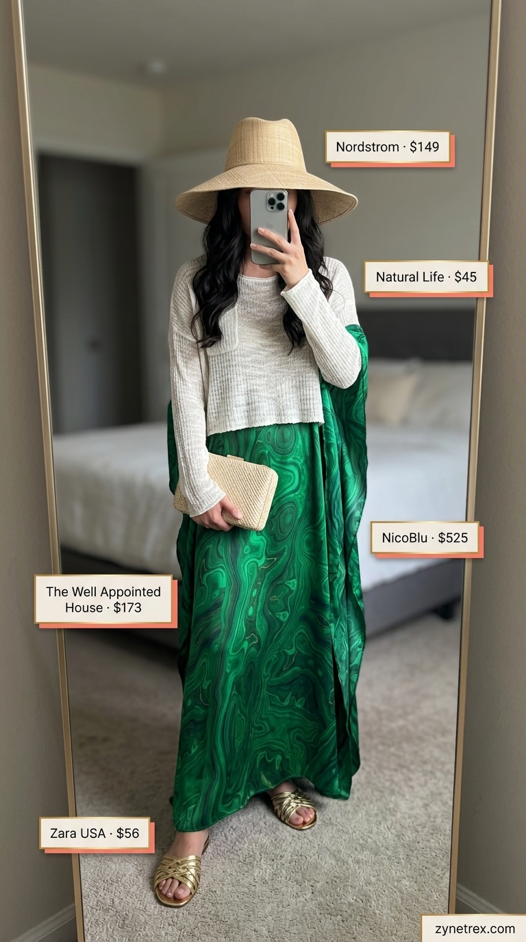 Elegant Modest Summer Outfits 2026: Emerald Caftan Elegant modest summer outfits for women 2026: Emerald green caftan, gold sandals, straw hat for resort wear.
