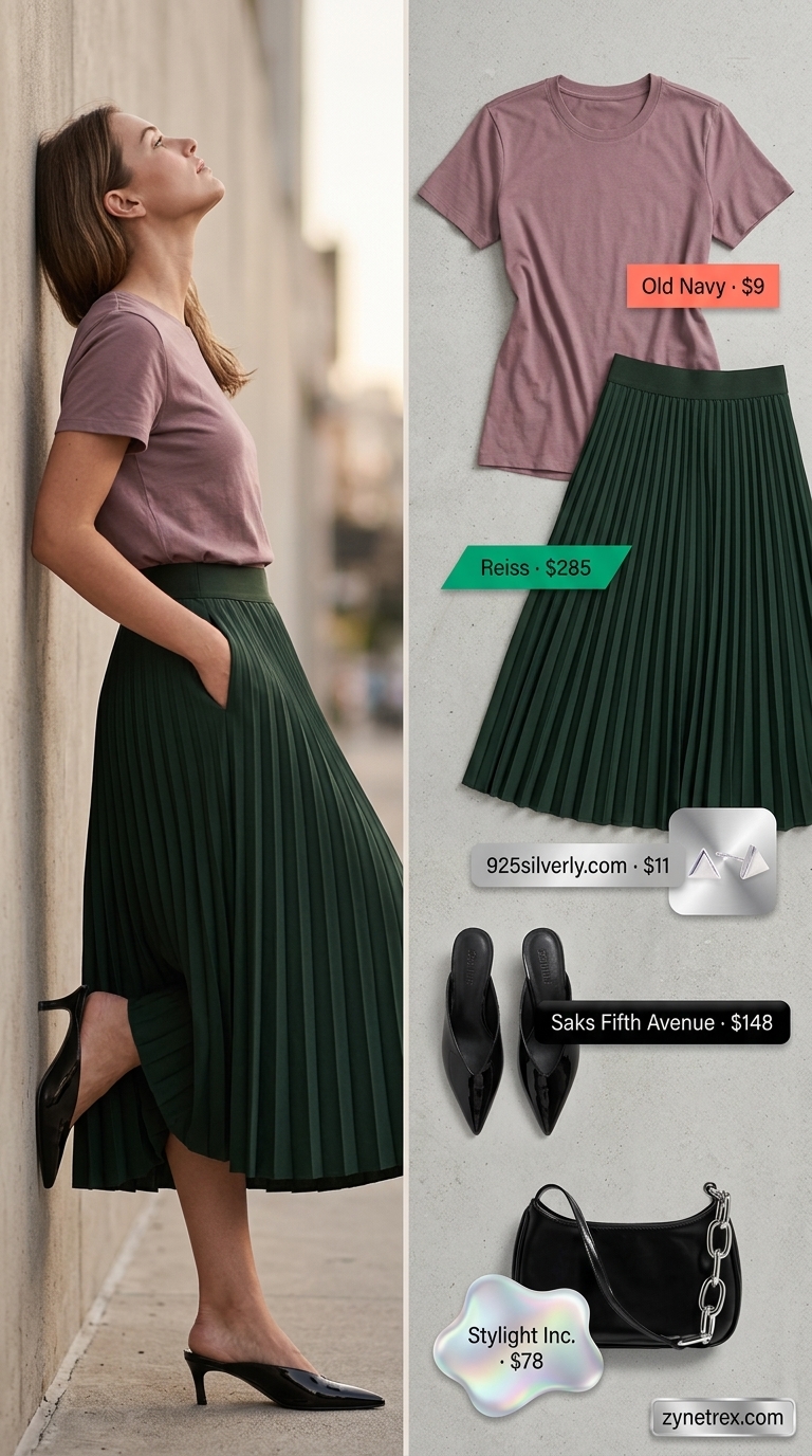 Elegant Modest Summer Outfits 2026: Vibrant City Brunch Elegant modest summer outfits for women 2026: Emerald green pleated midi skirt, white shell top for city brunch.
