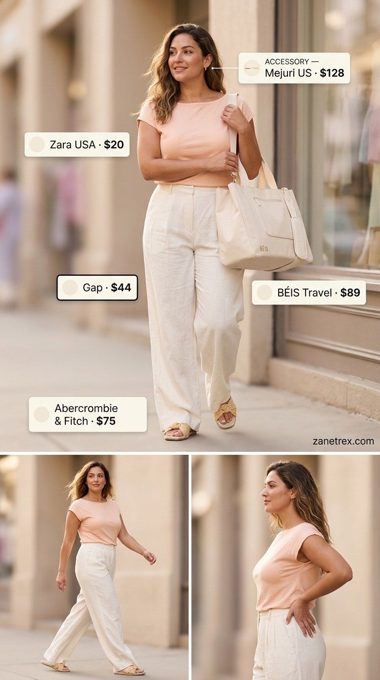 Elegant Modest Summer Outfits 2026: Lakeside Leisure Style Elegant modest summer outfits for women 2026: Ivory linen trousers, peach knit top for lakeside leisure.