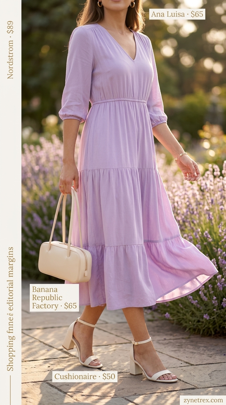 Elegant Modest Summer Outfits 2026: Garden Party Elegant modest summer outfits for women 2026: Lavender midi dress, cream sandals, gold jewelry for garden party.