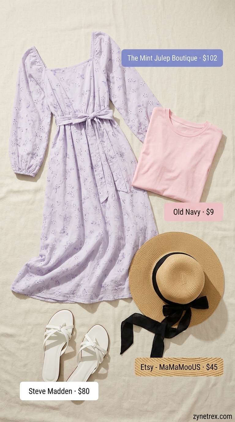 Elegant Modest Summer Outfits 2026: Dreamy Picnic Style Elegant modest summer outfits for women 2026: Lavender eyelet midi dress for a dreamy picnic.