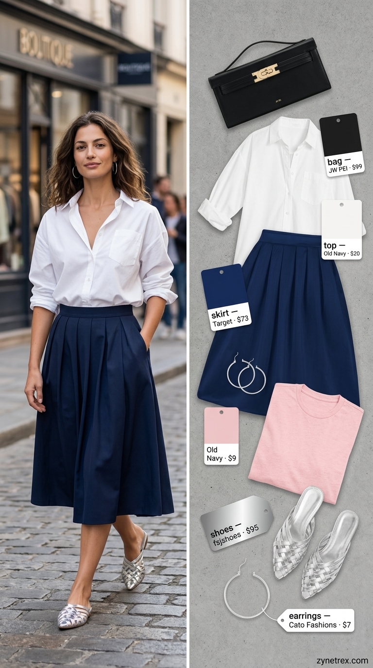 Elegant Modest Summer Outfits 2026: City Chic Day Out Elegant modest summer outfits for women 2026: Navy pleated midi skirt, white oversized shirt, silver mules for museum visit.