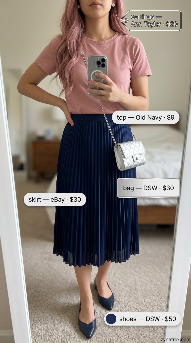 Elegant Modest Summer Outfits 2026: Gallery Chic Elegant modest summer outfits for women 2026: Navy skirt, white top, silver bag for gallery opening.