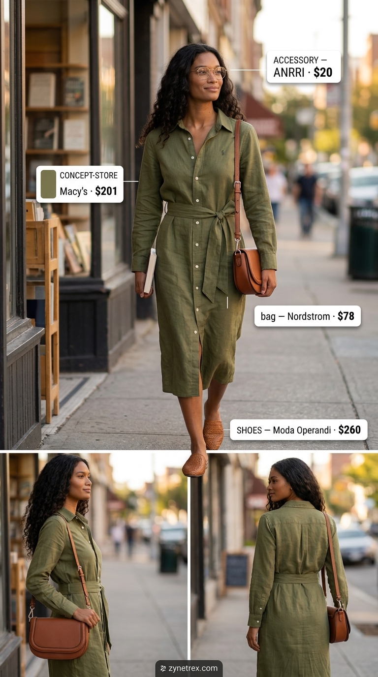 Elegant Modest Summer Outfits 2026: Literary Afternoon Style Elegant modest summer outfits for women 2026: Olive green midi shirt dress for a bookstore visit.