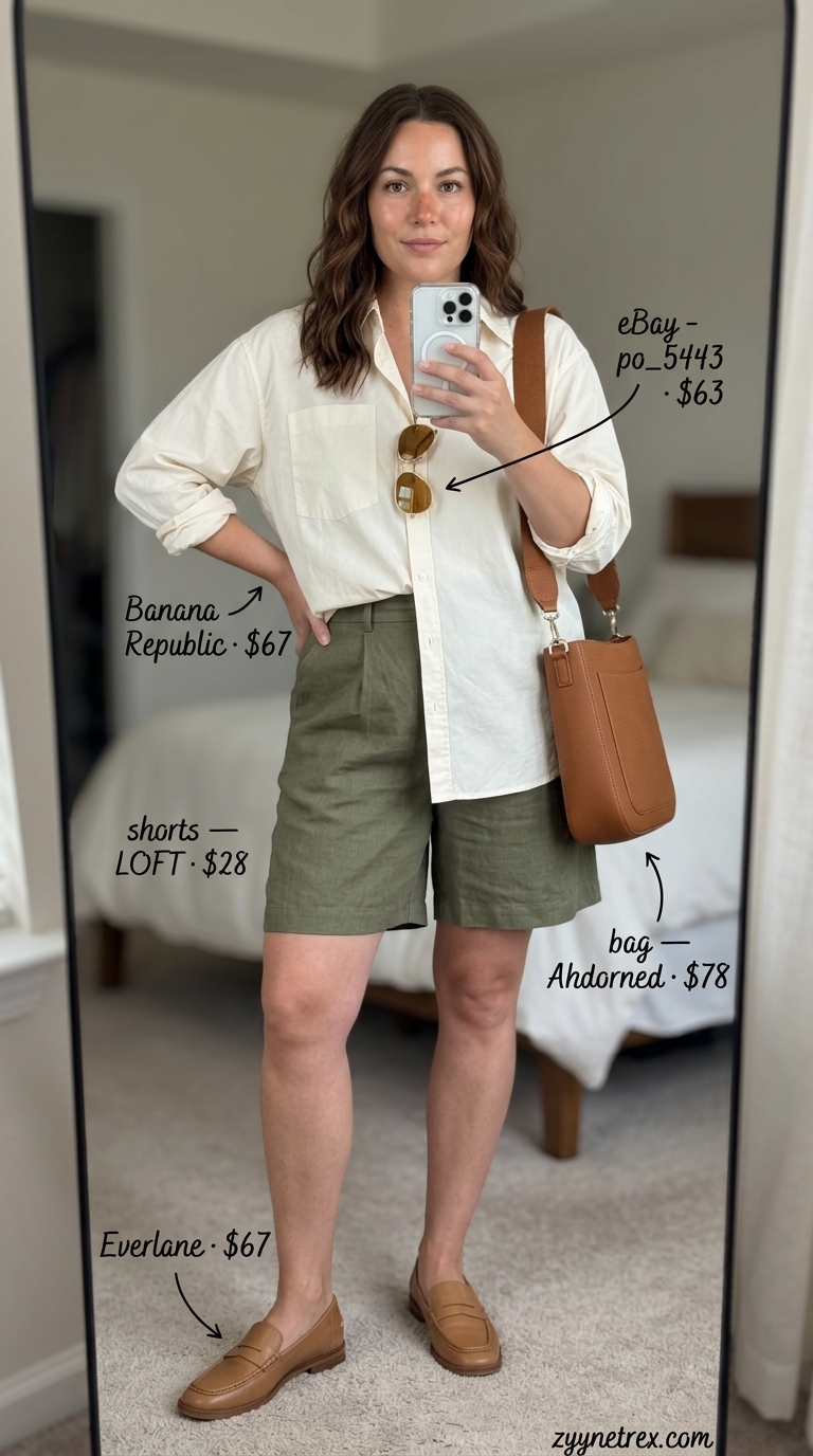 Elegant Modest Summer Outfits 2026: Urban Explorer Elegant modest summer outfits for women 2026: Olive shorts, cream shirt, tan loafers for city sightseeing.