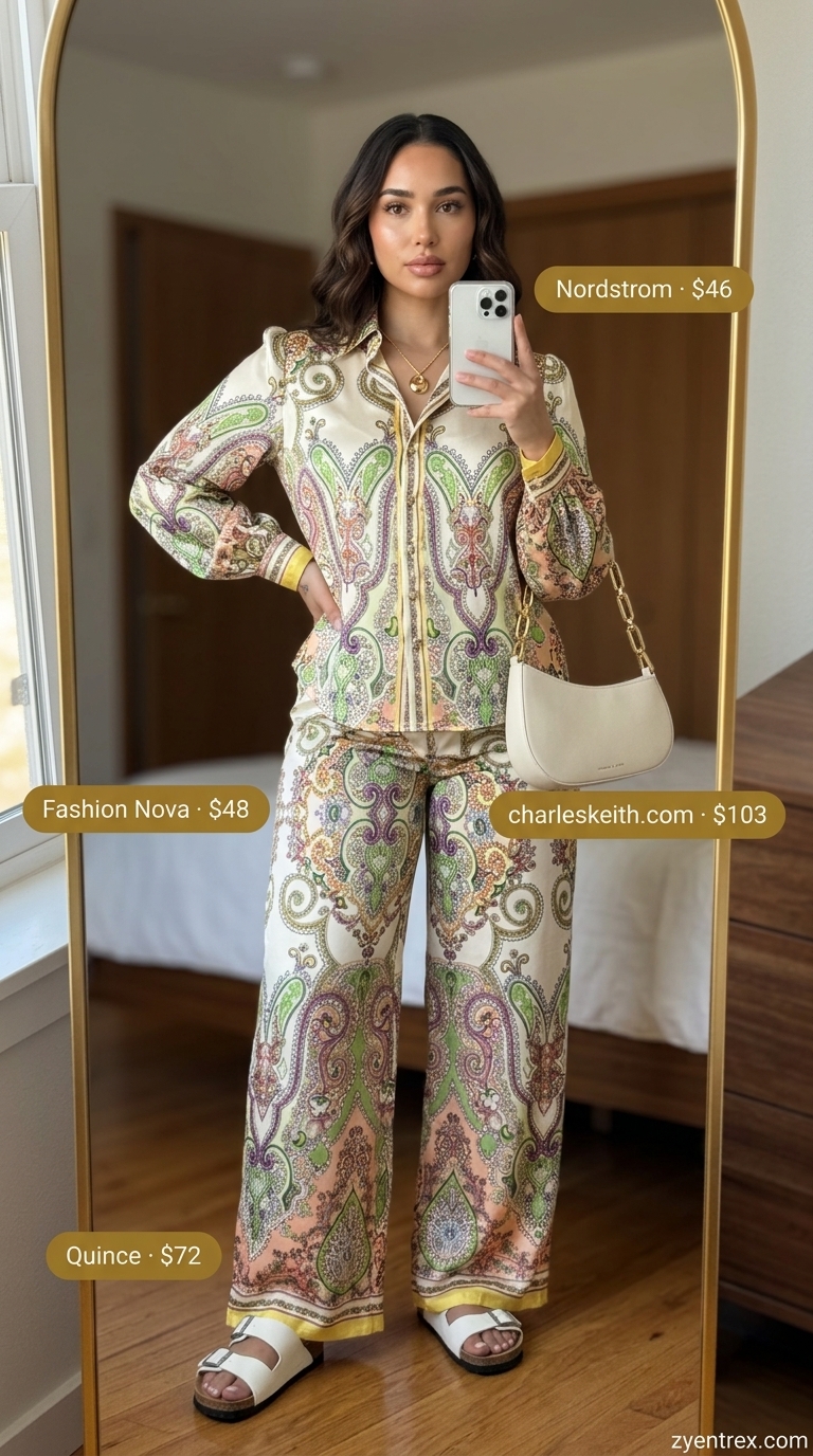 Elegant Modest Summer Outfits 2026: Weekend Luxury Elegant modest summer outfits for women 2026: Sand beige knit set, white sandals, gold jewelry for weekend.