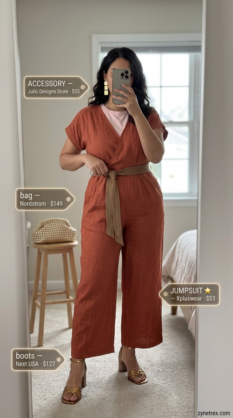 Elegant Modest Summer Outfits 2026: Sunset Dinner Elegant modest summer outfits for women 2026: Terracotta linen jumpsuit, bronze mules, gold clutch for dinner.