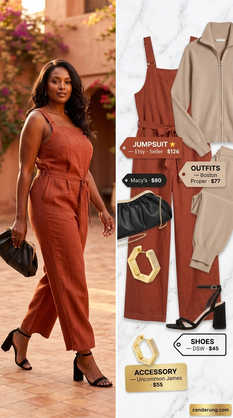 Elegant Modest Summer Outfits 2026: Desert Glam Elegant modest summer outfits for women 2026: Terracotta jumpsuit, black heels, gold earrings for desert glam.