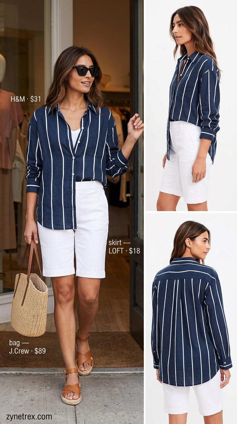 Elegant Modest Summer Outfits 2026: Riviera Style Elegant modest summer outfits for women 2026: White shorts, navy stripe shirt, tan espadrilles for Riviera.