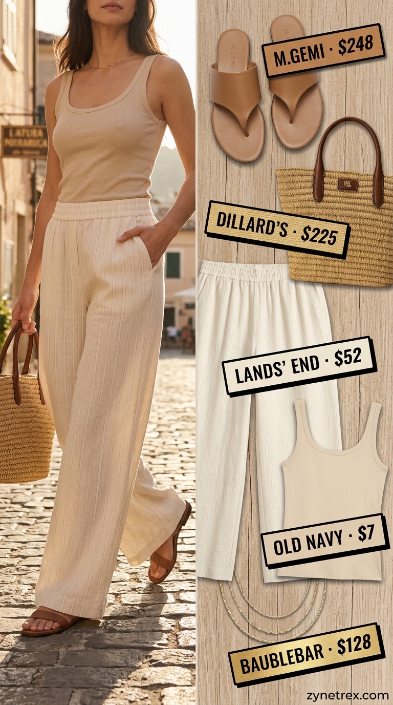 Elegant summer old money outfit for women 2026: Cream linen pants, beige knit top, straw tote, gold necklaces.