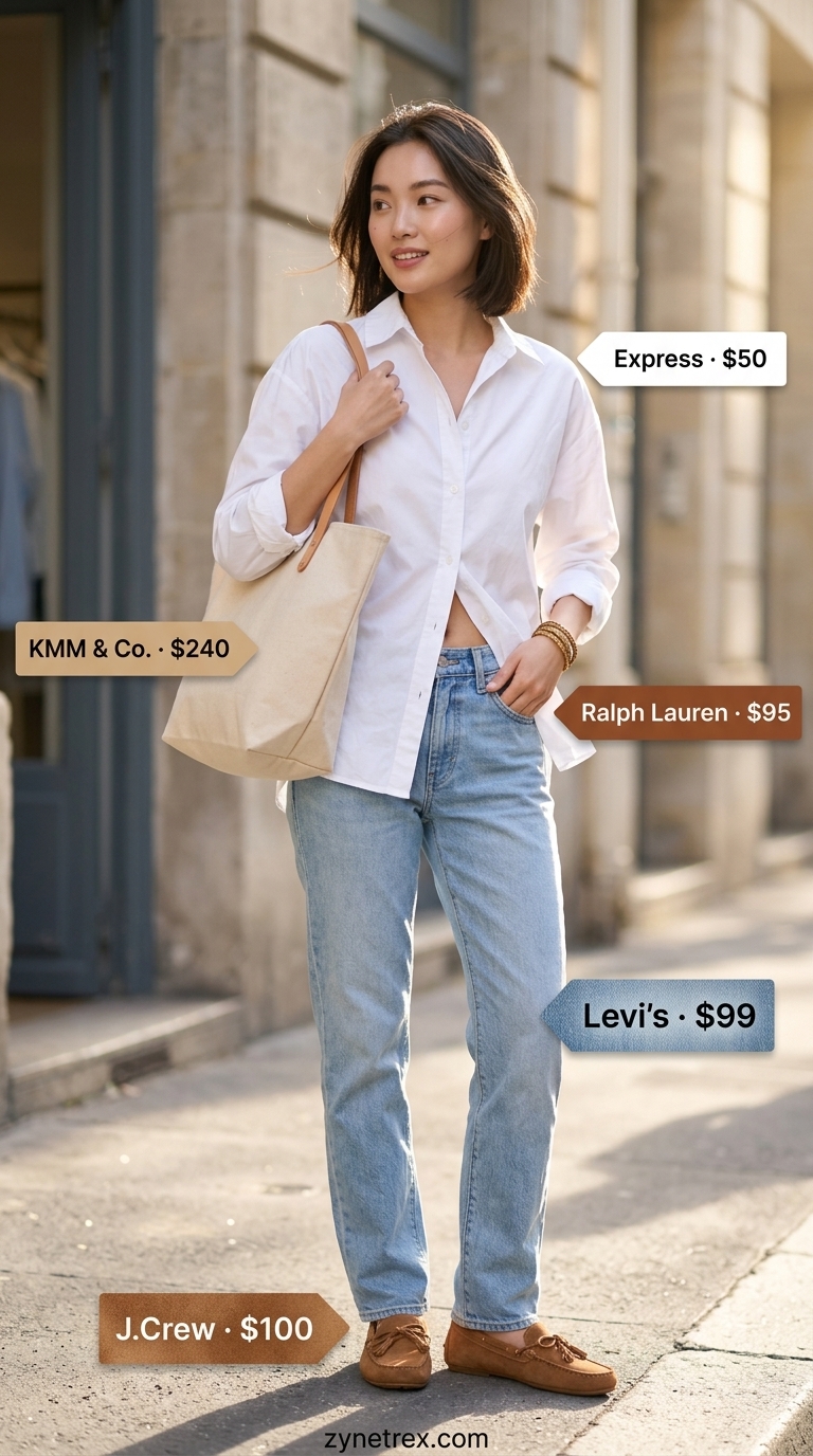 Elegant summer old money outfit for women 2026: Denim jeans, white button-down, loafers. Classic weekend casual.
