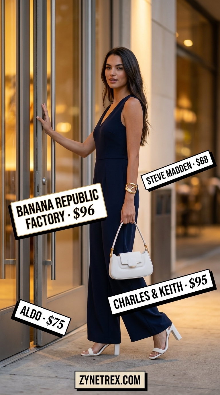 Elegant summer old money outfit for women 2026: Navy wide-leg jumpsuit, white sandals, gold cuff. Modern evening style.