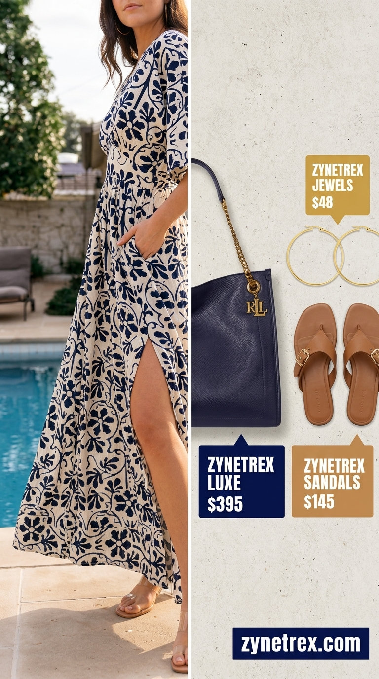 Elegant summer old money outfit for women 2026: Navy kaftan dress, tan sandals, large tote. Relaxed resort wear.
