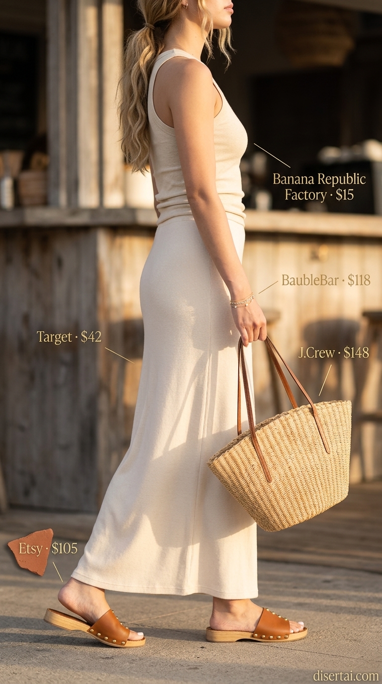 Elegant summer old money outfit for women 2026: Beige knit maxi skirt, cream tank, straw tote, gold bracelets.
