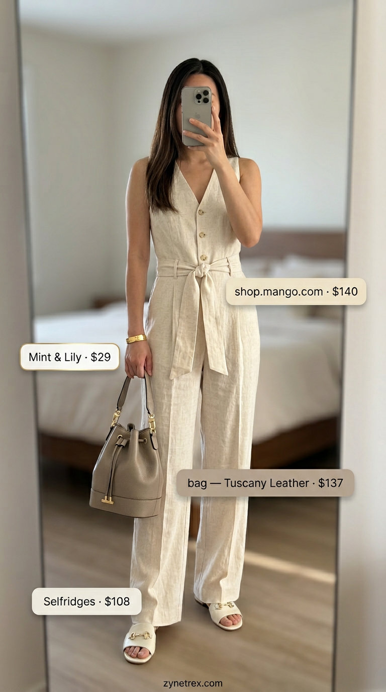 Elegant summer old money outfit for women 2026: Beige linen jumpsuit, cream slides, gold cuff, bucket bag.