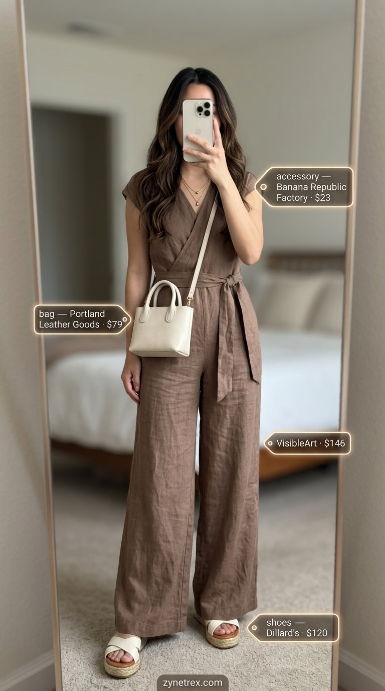 Elegant summer old money outfit for women 2026: Taupe linen jumpsuit, cream espadrilles, gold necklaces. Minimalist chic.
