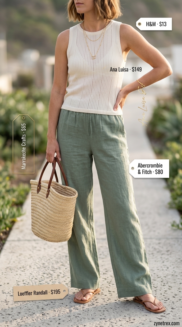 Elegant summer old money outfit for women 2026: Sage green linen pants, cream knit top, straw tote, gold necklace.