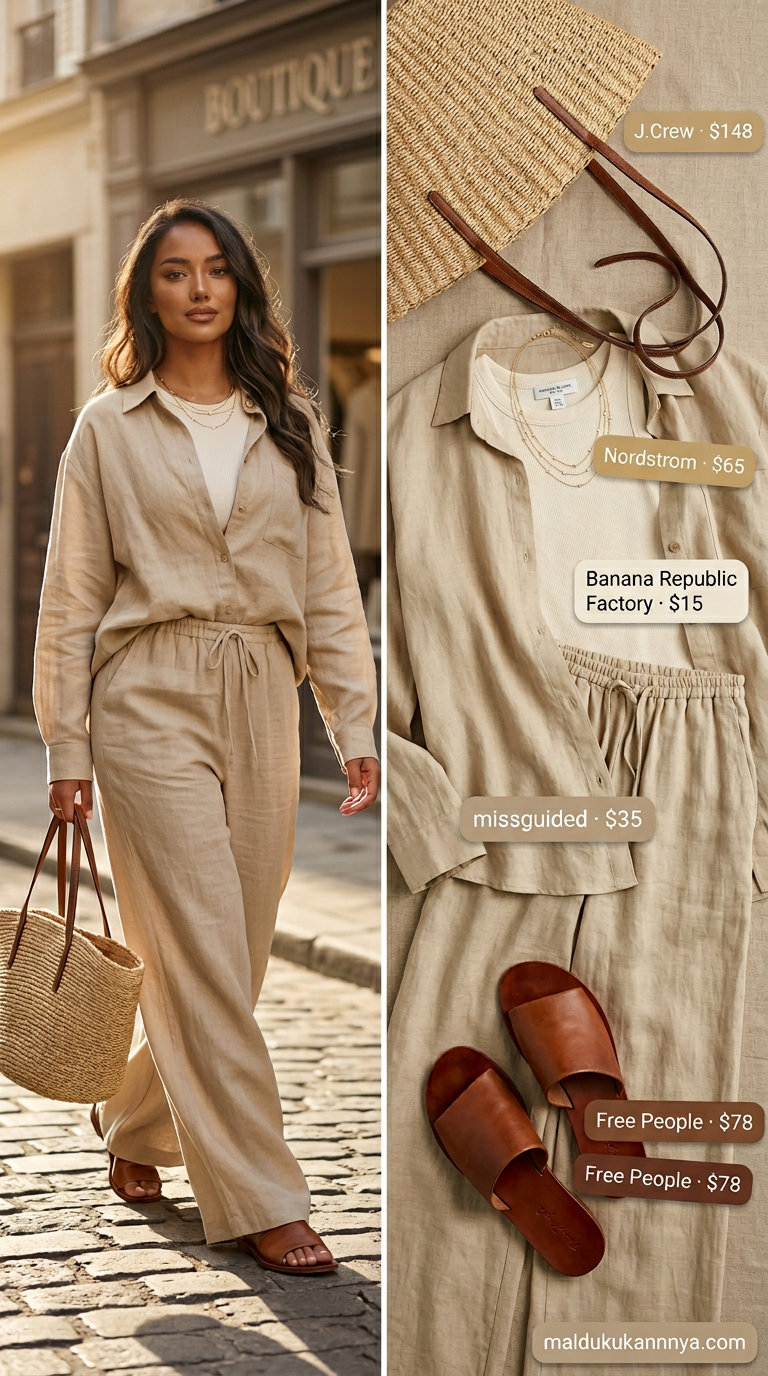 Elegant summer old money outfit for women 2026: Cream linen set, tan slides, gold necklaces. Relaxed seaside chic.
