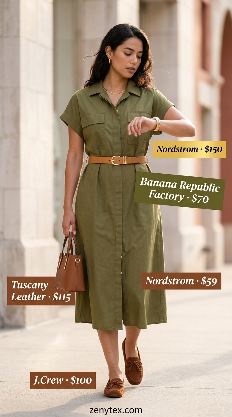 Elegant summer old money outfit for women 2026: Olive green linen shirtdress, tan moccasins, gold watch, leather belt.