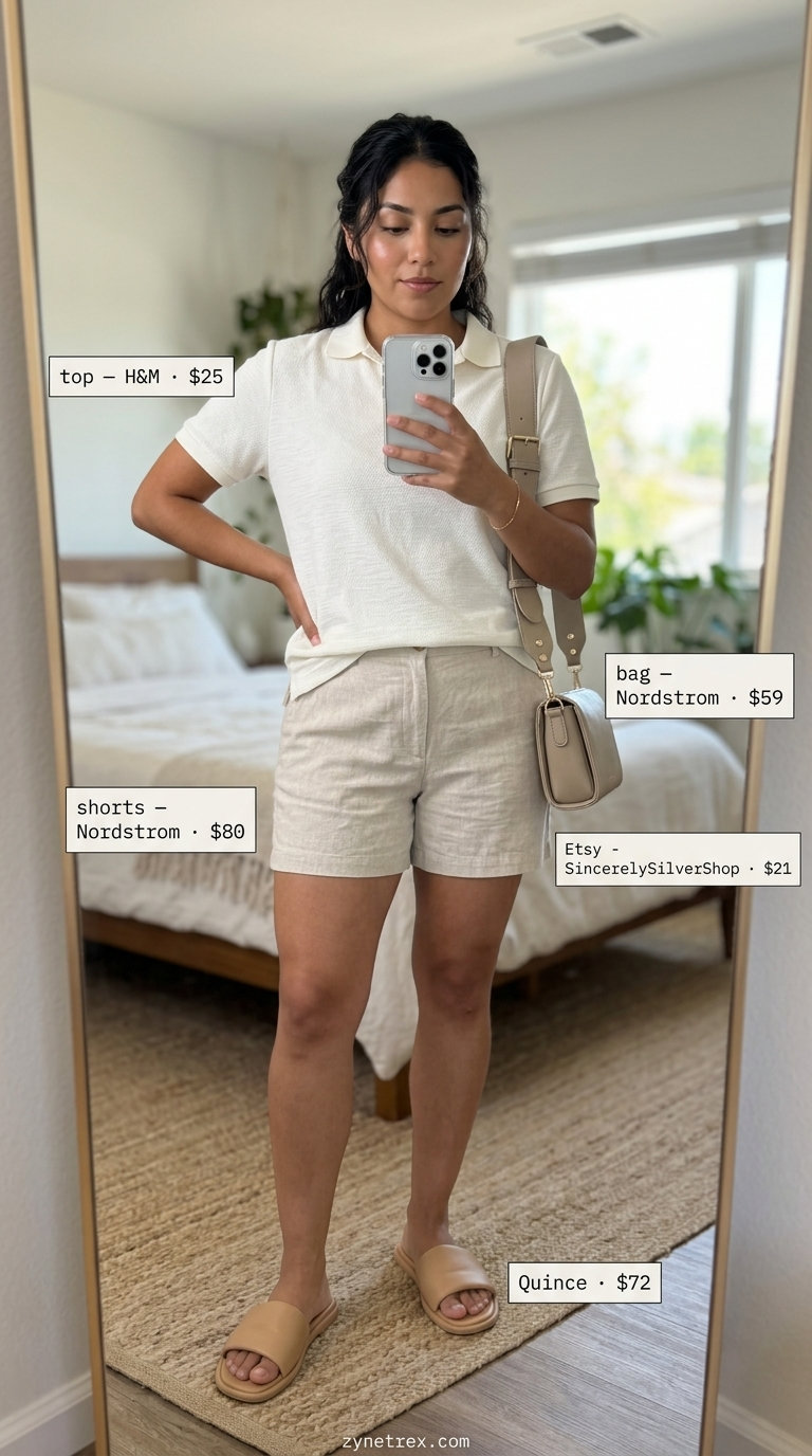 Relaxed linen shorts and cream knit polo for a chic summer old money outfit 2026.