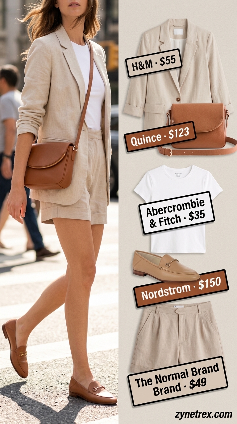 Elegant summer old money outfit for women 2026: Stone beige linen shorts suit, white tee, gold accents, leather loafers.