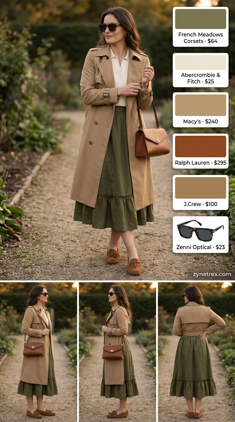 Classic olive green midi skirt and cream polo for a preppy summer old money outfit 2026.