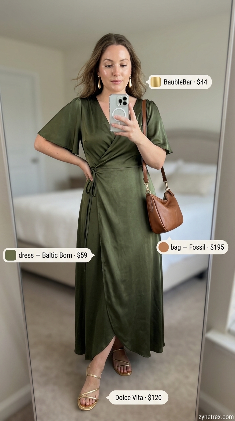 Elegant olive green wrap maxi dress with gold strappy sandals for a summer old money outfit 2026.