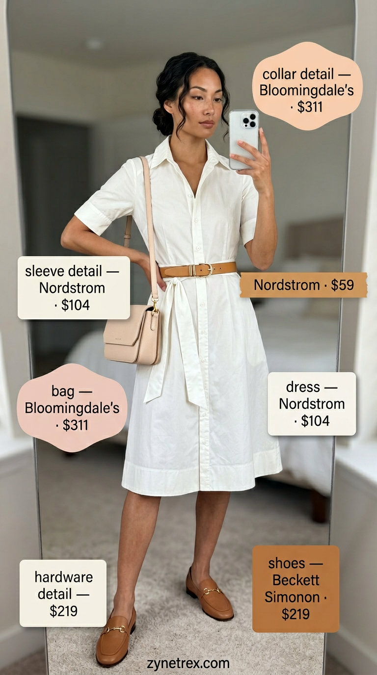 Elegant summer old money outfit for women 2026: Ivory shirt dress, tan belt, loafers. Effortless chic for brunch.
