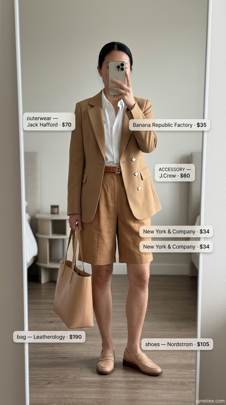 Elegant summer old money outfit for women 2026: Camel linen shorts, blazer, white shirt, loafers, structured tote.
