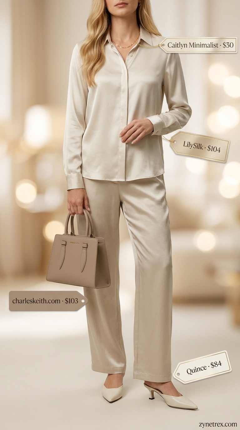 Elegant summer old money outfit for women 2026: Champagne silk set, ivory mules, gold necklace. Luxurious lounge wear.