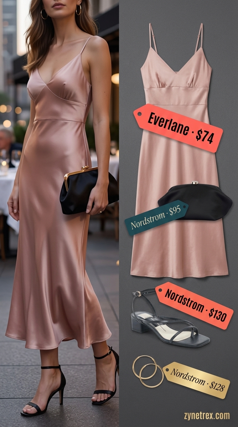 Elegant blush pink silk slip dress for a summer old money outfit 2026.