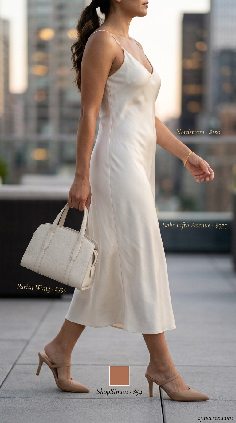 Elegant summer old money outfit for women 2026: Ivory silk slip dress, nude mules, gold bracelet, structured bag.