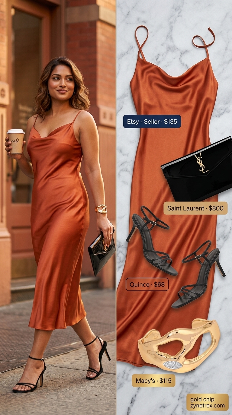Elegant summer old money outfit for women 2026: Terracotta slip dress, black sandals, gold cuff. Sophisticated evening look.