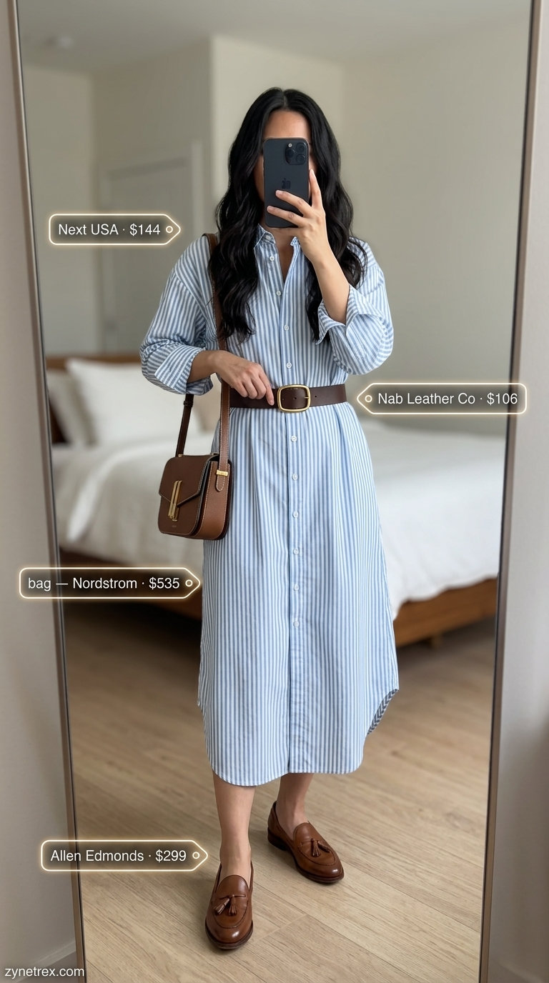 Elegant summer old money outfit for women 2026: Blue stripe shirtdress, brown loafers, gold buckle belt, leather crossbody.