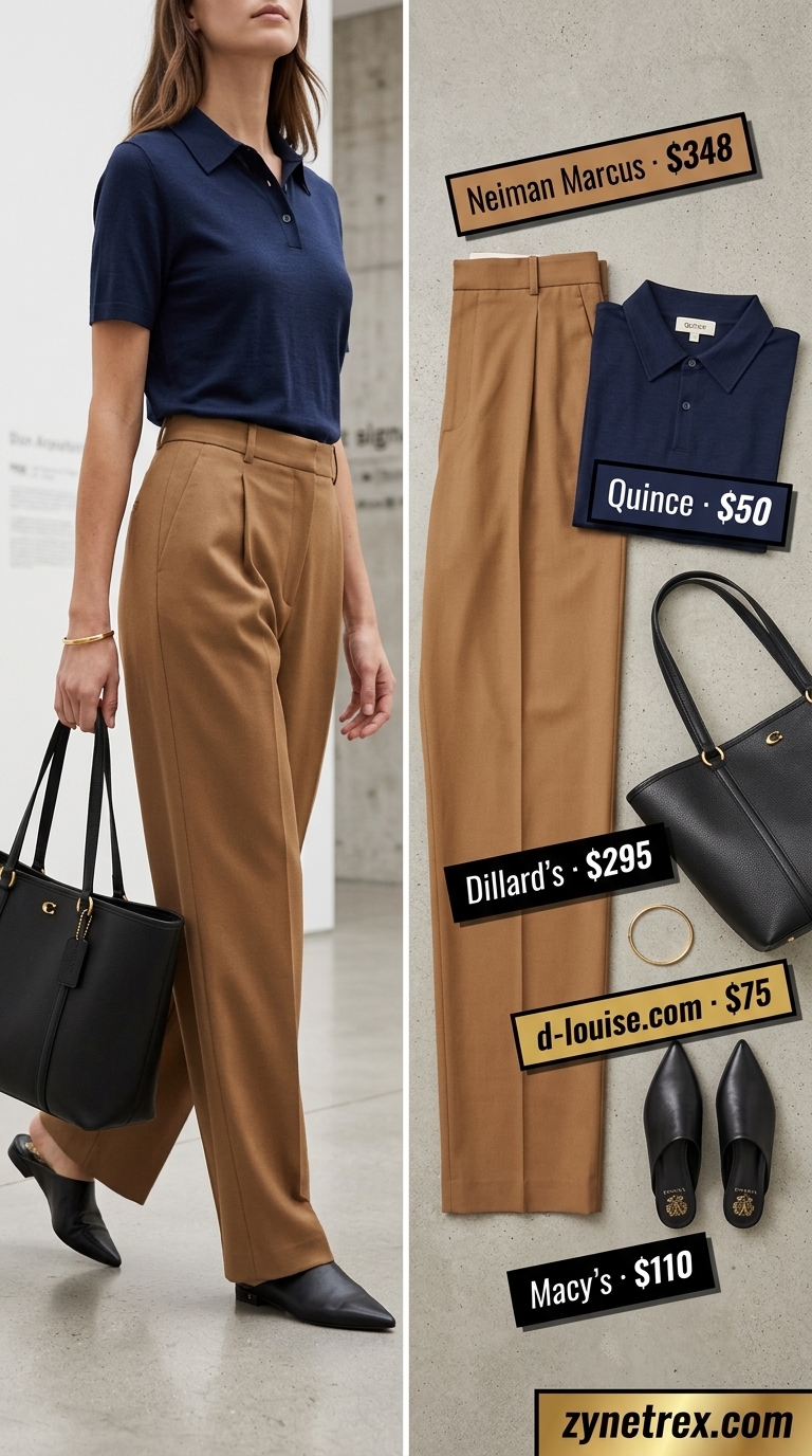 Elegant summer old money outfit for women 2026: Camel wide-leg trousers, navy knit polo, gold bangle, structured tote.