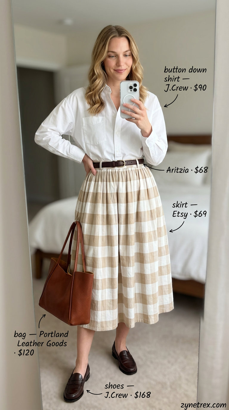Classic white button-down shirt with beige check midi skirt for a summer old money outfit 2026.
