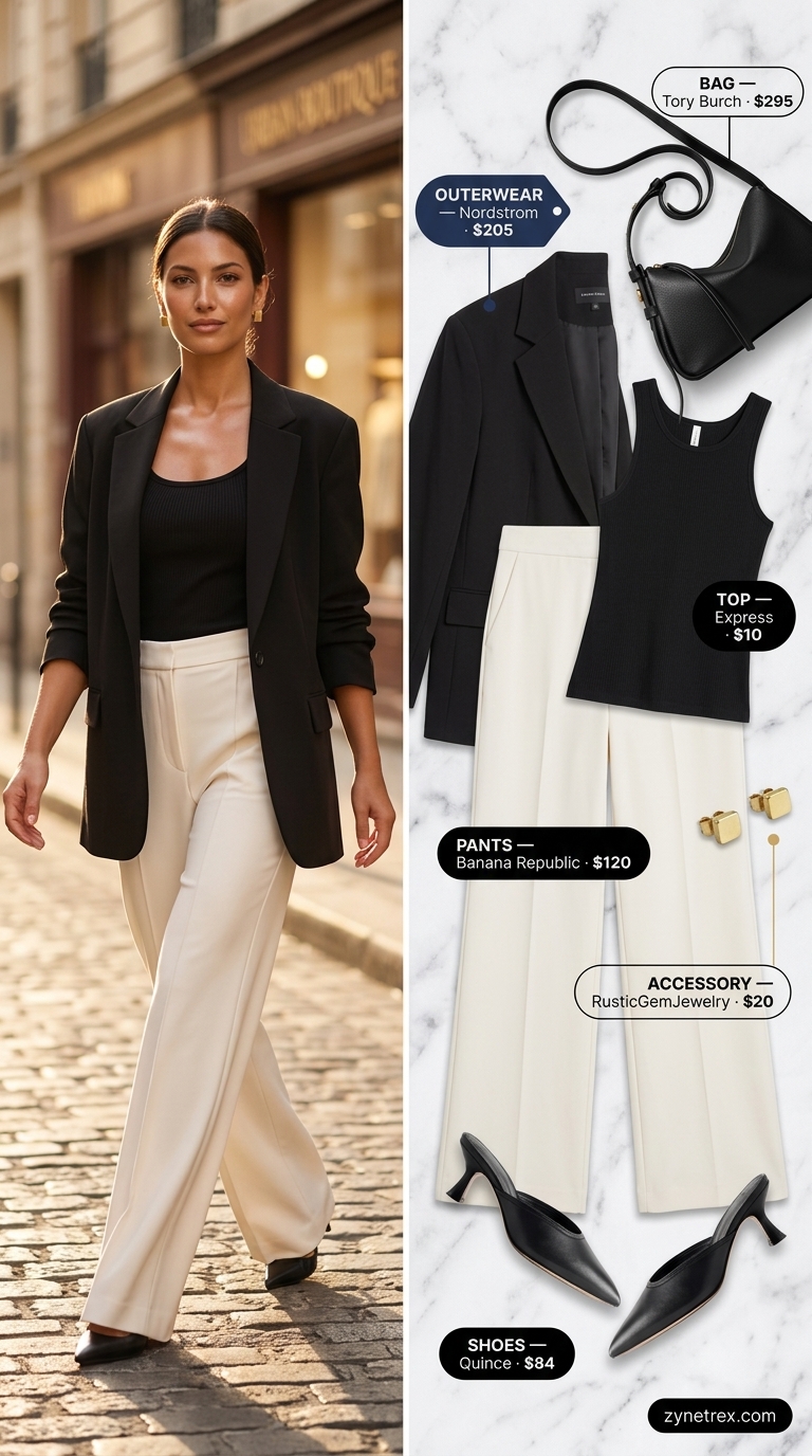 Sophisticated ivory wide-leg trousers and black knit top for a summer old money outfit 2026.
