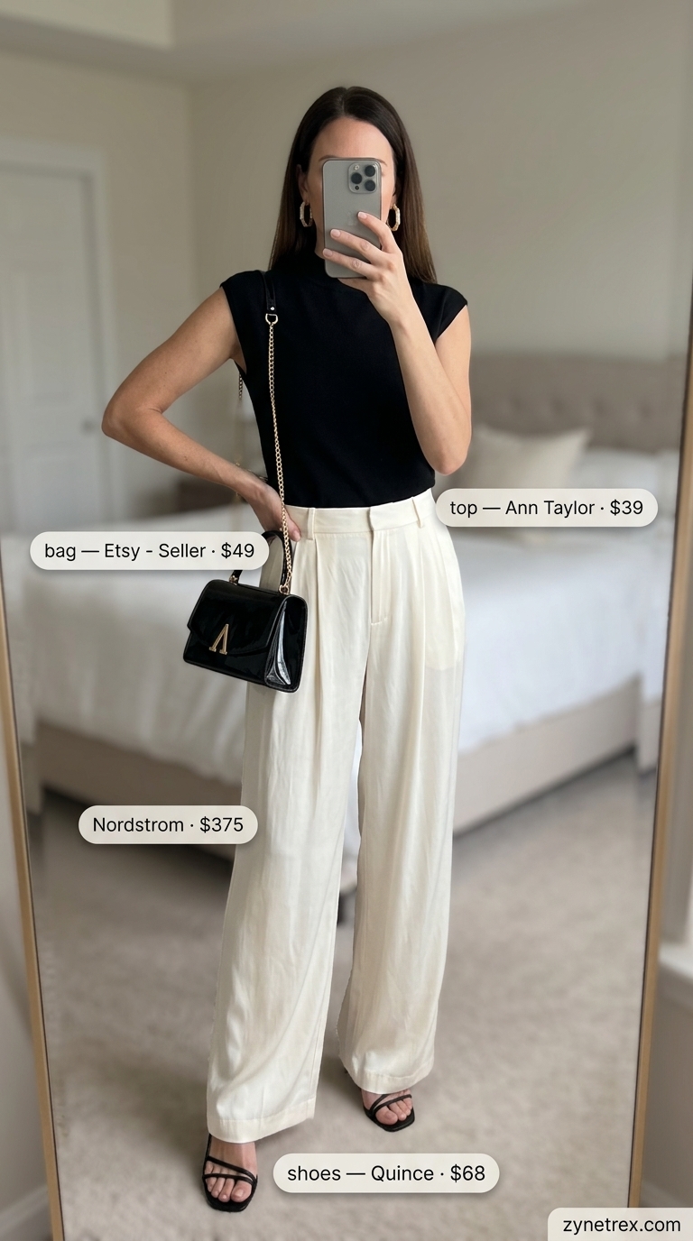 Elegant summer old money outfit for women 2026: Cream wide-leg trousers, black knit top, gold earrings. Glamorous evening look.