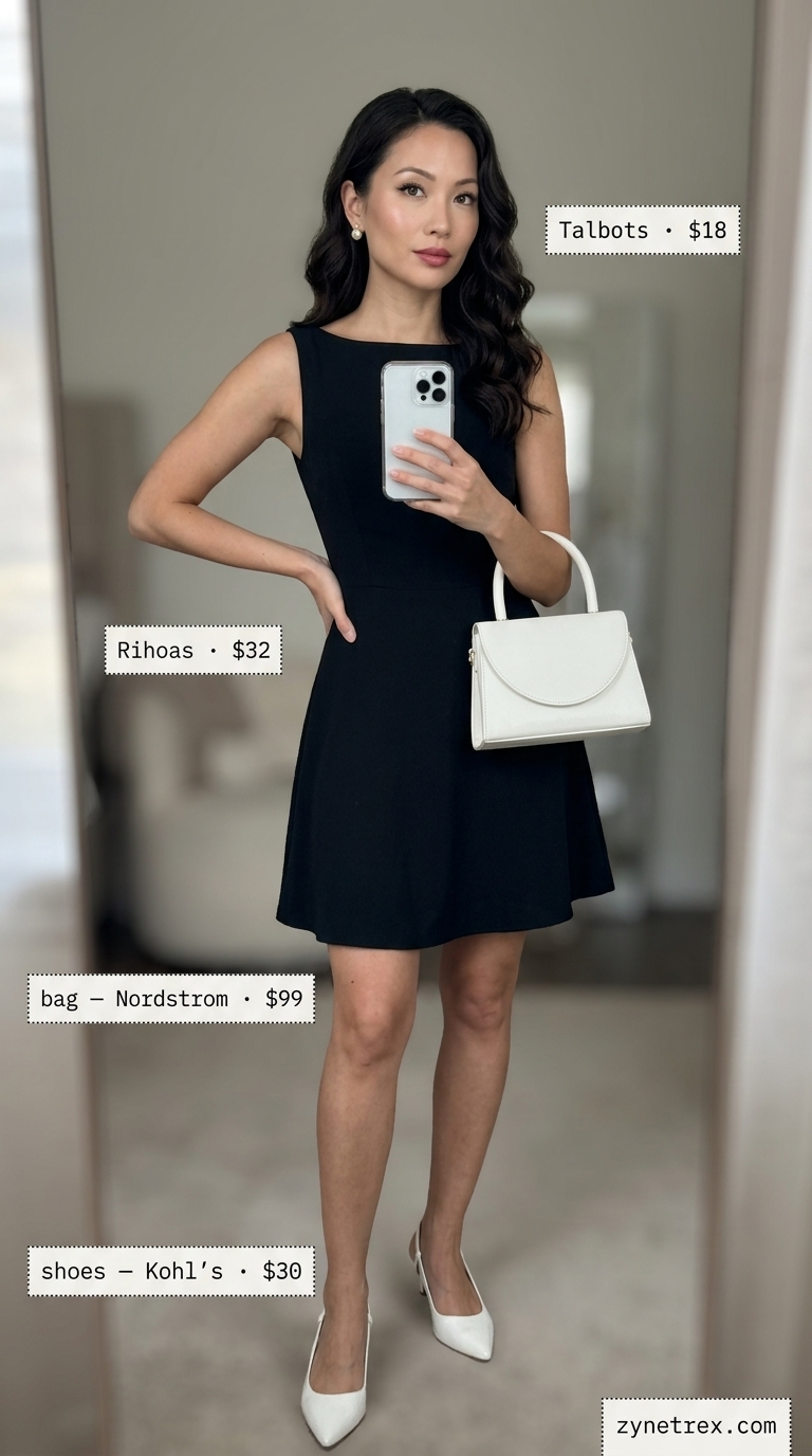 Elegant summer outfits for women over 30 2026: Black mini dress, white slingbacks, and pearl earrings for gallery openings.